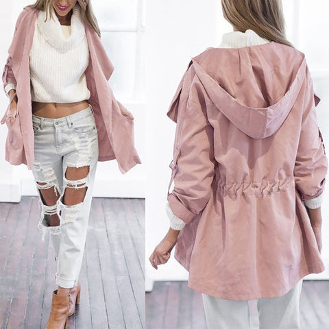 Image of Female Women Jacket Feminine Fashion Autumn Winte Medium Long Section Hooded Light Windbreaker Coat Women Ropa Mujer*/