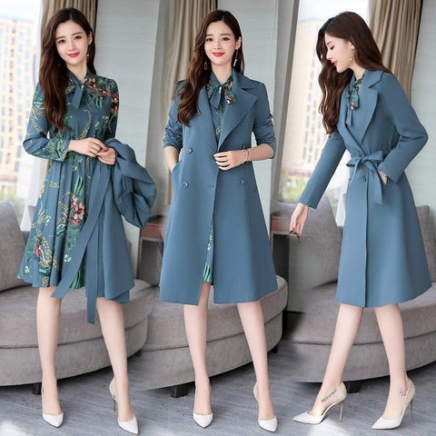 Image of Spring Autumn Trench Coat Slim OL Ladies Trench Coat Women Dress Women Windbreakers Plus Size Two Pieces Women Sets Trench Coats