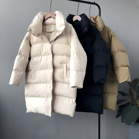 Image of RICORIT 2019 New Winter Hooded Long Sleeve Solid Color Cotton-padded Warm Loose Long Puffer Jacket Women parkas Coat