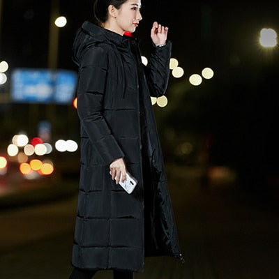 Image of Long Hooded Thicker Down Coat Women Winter Casual Zipper Jackets Female Vogue Elegant Outwears M-6XL Plus Size Synthetic Feather