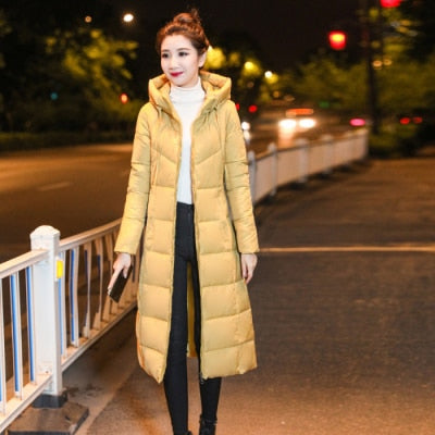 Image of Long Hooded Thicker Down Coat Women Winter Casual Zipper Jackets Female Vogue Elegant Outwears M-6XL Plus Size Synthetic Feather