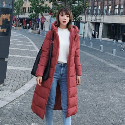 Image of Long Hooded Thicker Down Coat Women Winter Casual Zipper Jackets Female Vogue Elegant Outwears M-6XL Plus Size Synthetic Feather