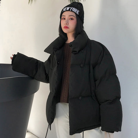 Image of Korean Style 2019 Winter Jacket Women Stand Collar Solid Black White Female Down Coat Loose Oversized Womens Short Parka