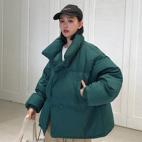 Image of Korean Style 2019 Winter Jacket Women Stand Collar Solid Black White Female Down Coat Loose Oversized Womens Short Parka